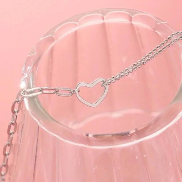 925 Sterling Silver Dainty Heart Bead Chain Link Bracelet - Picture 5 of 7